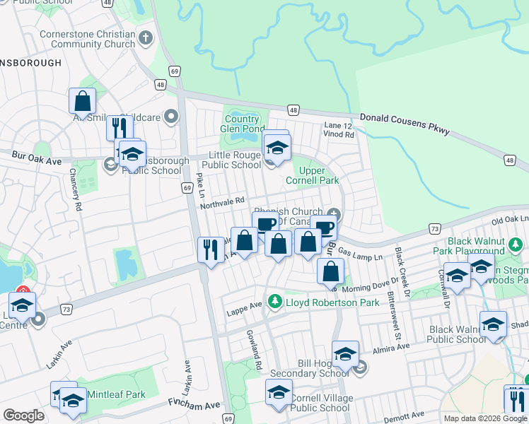 map of restaurants, bars, coffee shops, grocery stores, and more near 530 Country Glen Road in Markham