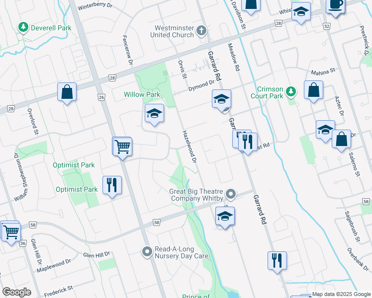 map of restaurants, bars, coffee shops, grocery stores, and more near 20 Evergreen Drive in Whitby