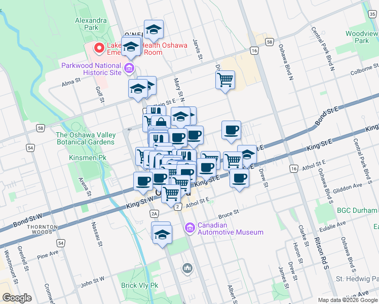map of restaurants, bars, coffee shops, grocery stores, and more near 50 Richmond Street East in Oshawa