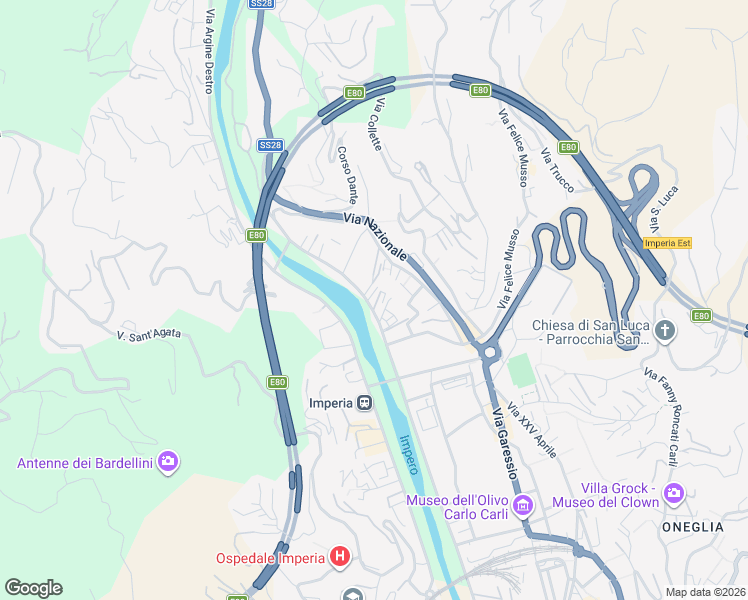map of restaurants, bars, coffee shops, grocery stores, and more near 144 Via Argine Sinistro in Imperia