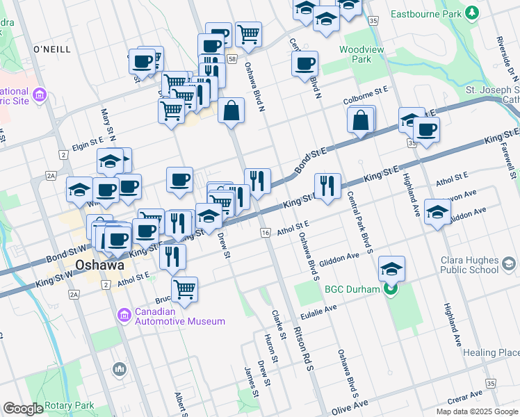 map of restaurants, bars, coffee shops, grocery stores, and more near 272 King Street East in Oshawa
