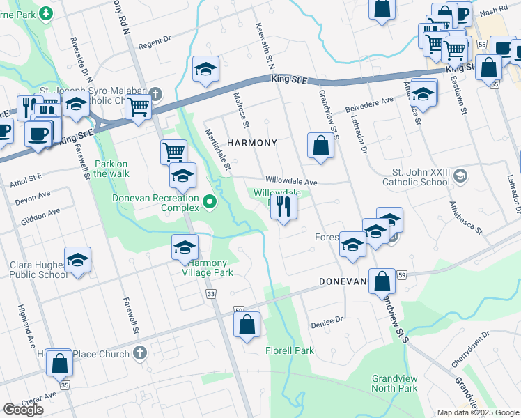 map of restaurants, bars, coffee shops, grocery stores, and more near 202 Lorindale Drive in Oshawa