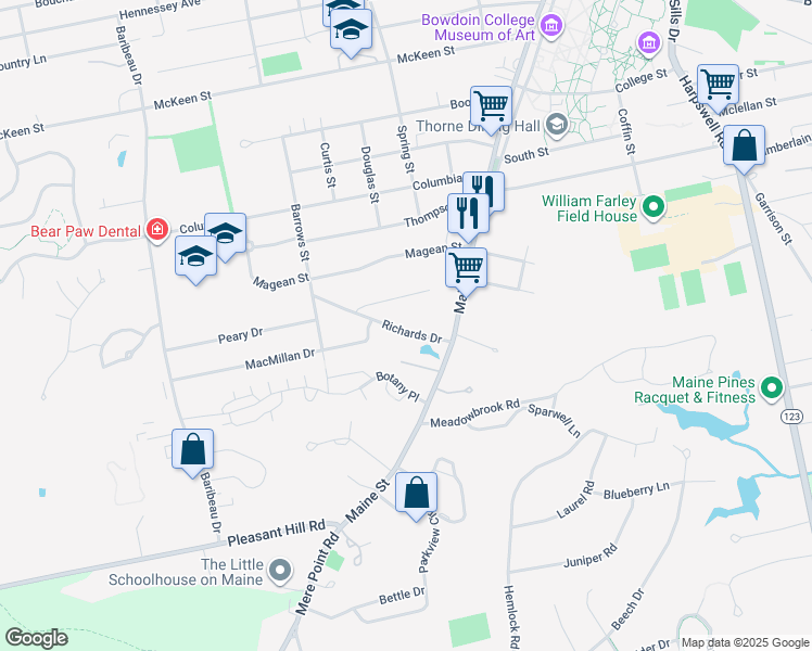 map of restaurants, bars, coffee shops, grocery stores, and more near 12 Colonial Drive in Brunswick