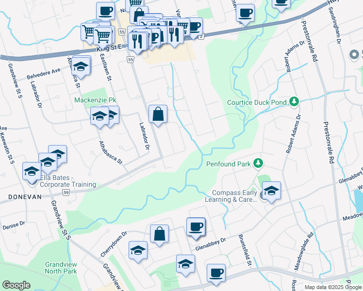 map of restaurants, bars, coffee shops, grocery stores, and more near 38 Kingswood Drive in Courtice