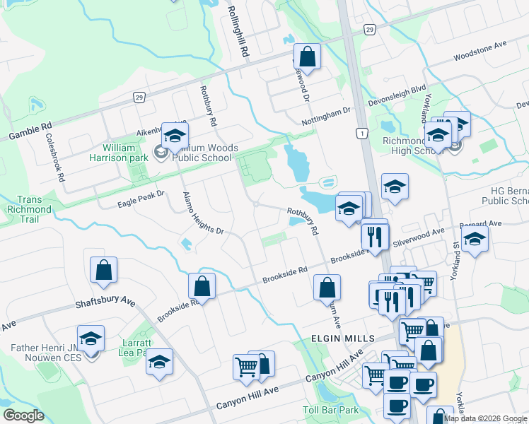 map of restaurants, bars, coffee shops, grocery stores, and more near 172 Rothbury Road in Richmond Hill
