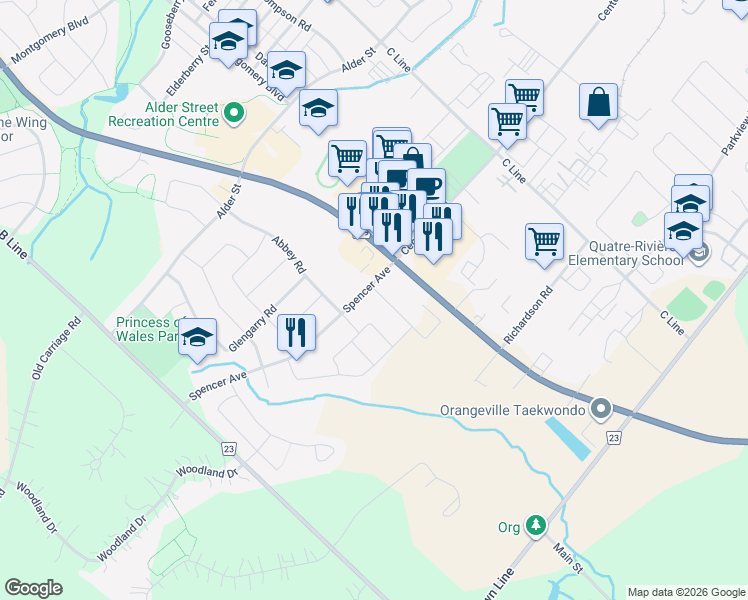 map of restaurants, bars, coffee shops, grocery stores, and more near 2 Winterton Court in Orangeville