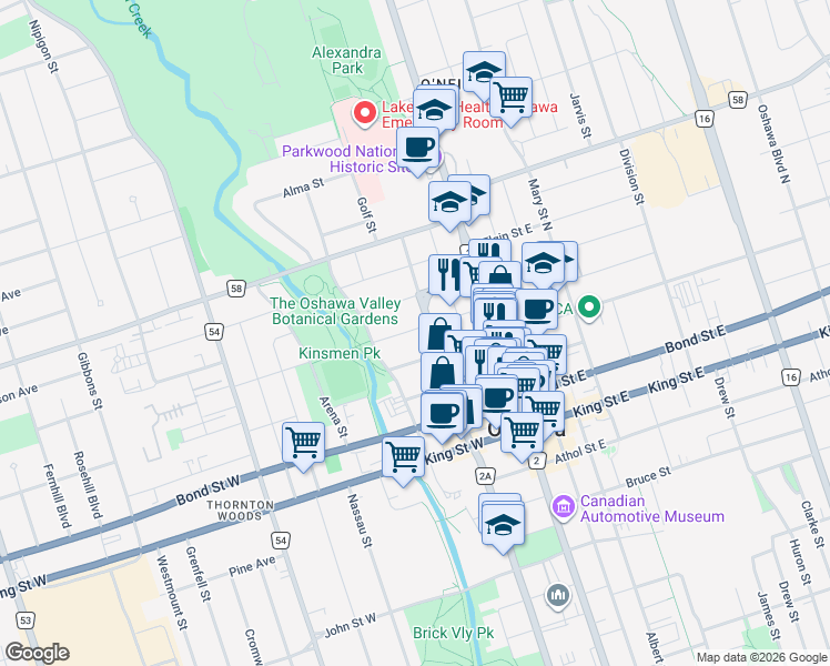 map of restaurants, bars, coffee shops, grocery stores, and more near 75 Colborne Street West in Oshawa