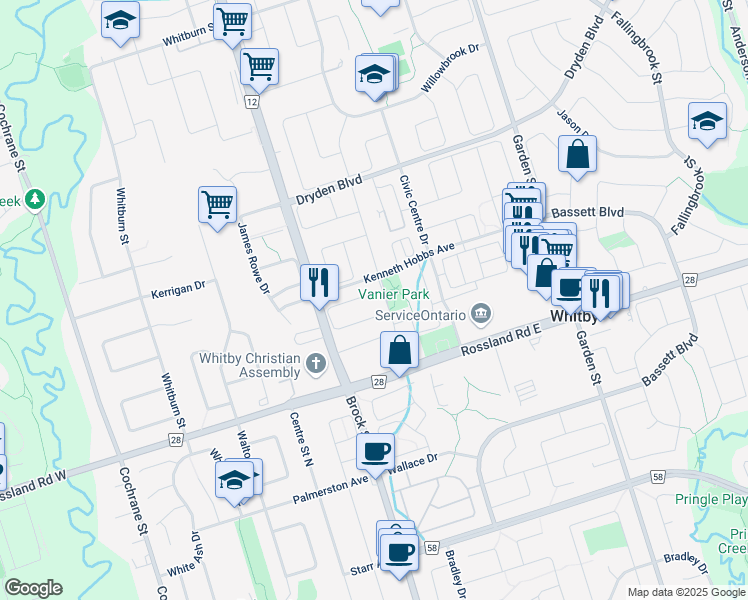 map of restaurants, bars, coffee shops, grocery stores, and more near 9 Macmillan Avenue in Whitby