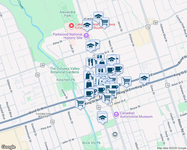 map of restaurants, bars, coffee shops, grocery stores, and more near Prince Street in Oshawa