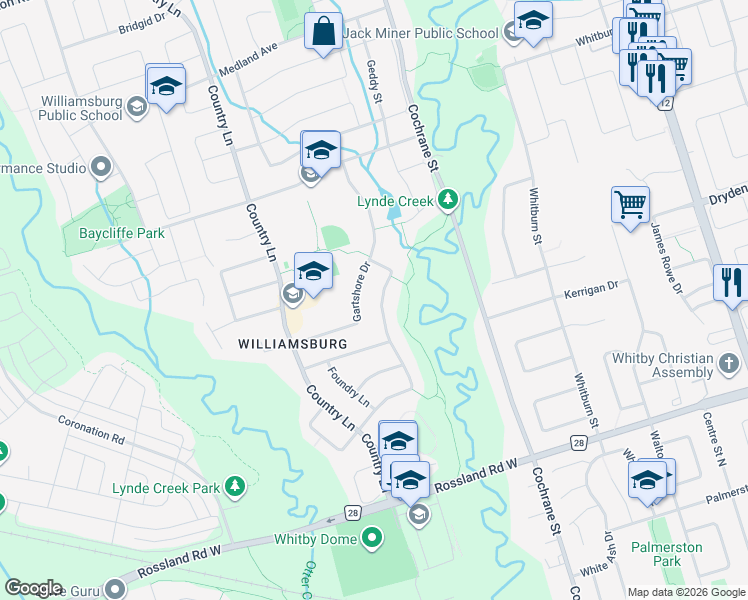 map of restaurants, bars, coffee shops, grocery stores, and more near 90 Wetherburn Drive in Whitby