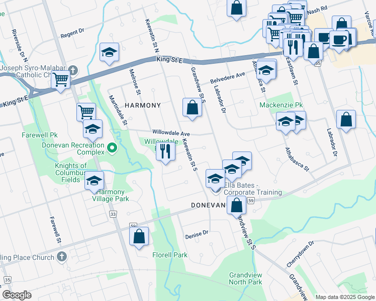 map of restaurants, bars, coffee shops, grocery stores, and more near Keewatin Street South in Oshawa