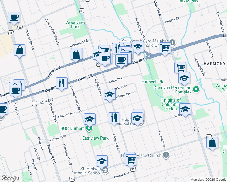 map of restaurants, bars, coffee shops, grocery stores, and more near 563 Devon Avenue in Oshawa