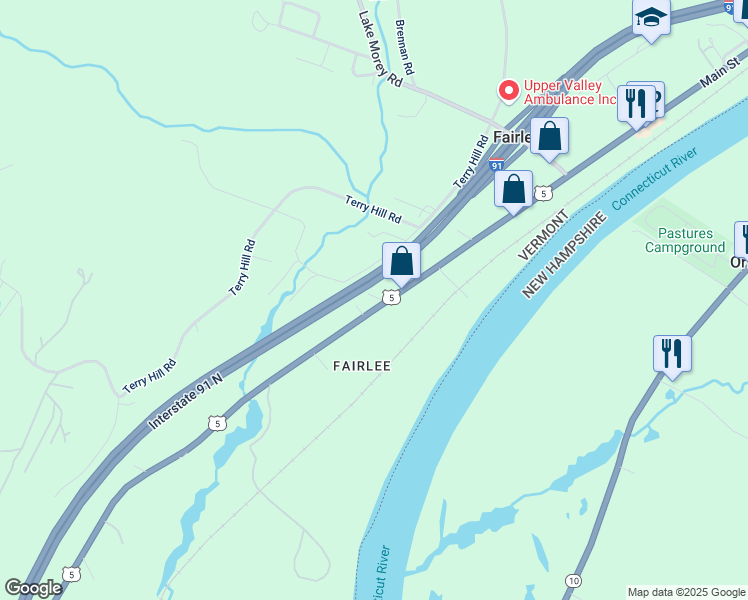 map of restaurants, bars, coffee shops, grocery stores, and more near 432 U.S. 5 in Fairlee