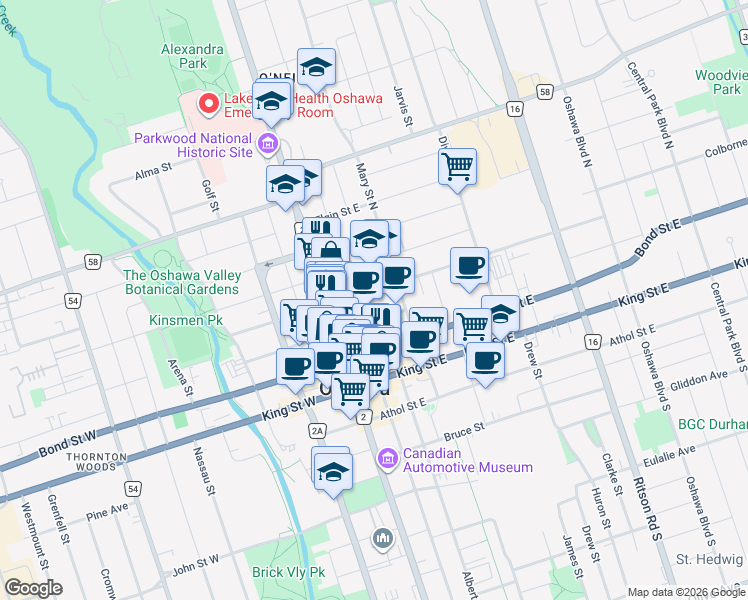 map of restaurants, bars, coffee shops, grocery stores, and more near 55 William Street East in Oshawa