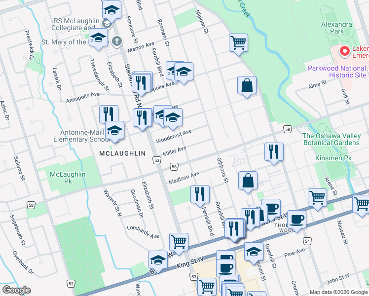 map of restaurants, bars, coffee shops, grocery stores, and more near Miller Avenue in Oshawa