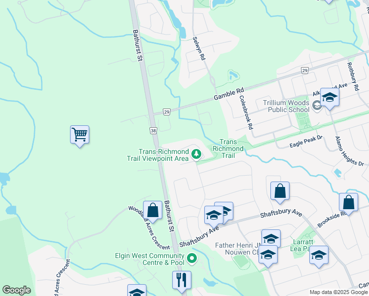 map of restaurants, bars, coffee shops, grocery stores, and more near Westbury Court in Richmond Hill
