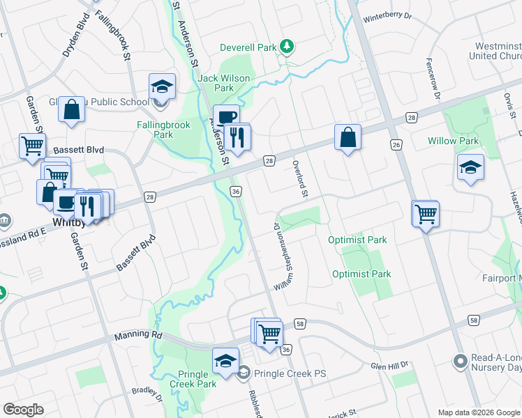 map of restaurants, bars, coffee shops, grocery stores, and more near 16 Intrepid Drive in Whitby