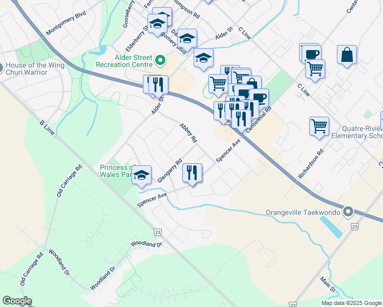 map of restaurants, bars, coffee shops, grocery stores, and more near 106 Glengarry Road in Orangeville