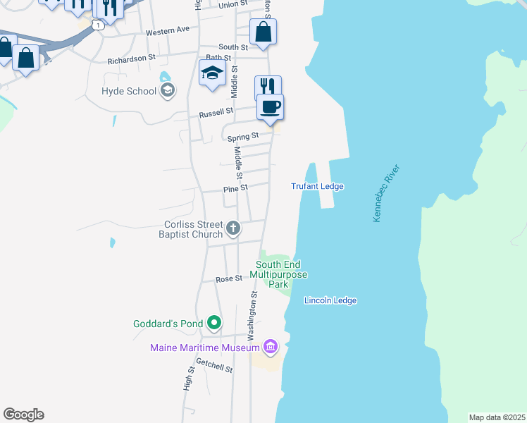 map of restaurants, bars, coffee shops, grocery stores, and more near 424 Washington Street in Bath