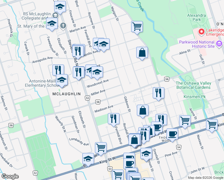 map of restaurants, bars, coffee shops, grocery stores, and more near 439 Miller Avenue in Oshawa