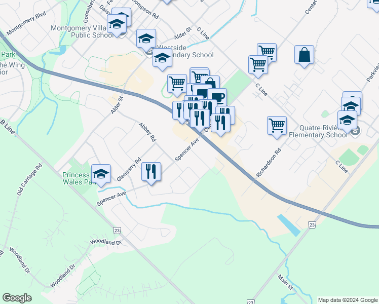map of restaurants, bars, coffee shops, grocery stores, and more near 2 Winterton Court in Orangeville