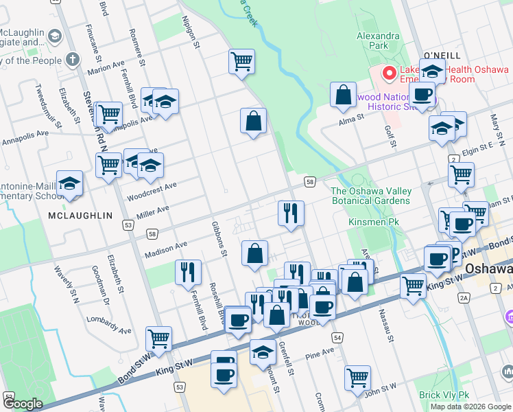 map of restaurants, bars, coffee shops, grocery stores, and more near 329 Adelaide Avenue West in Oshawa