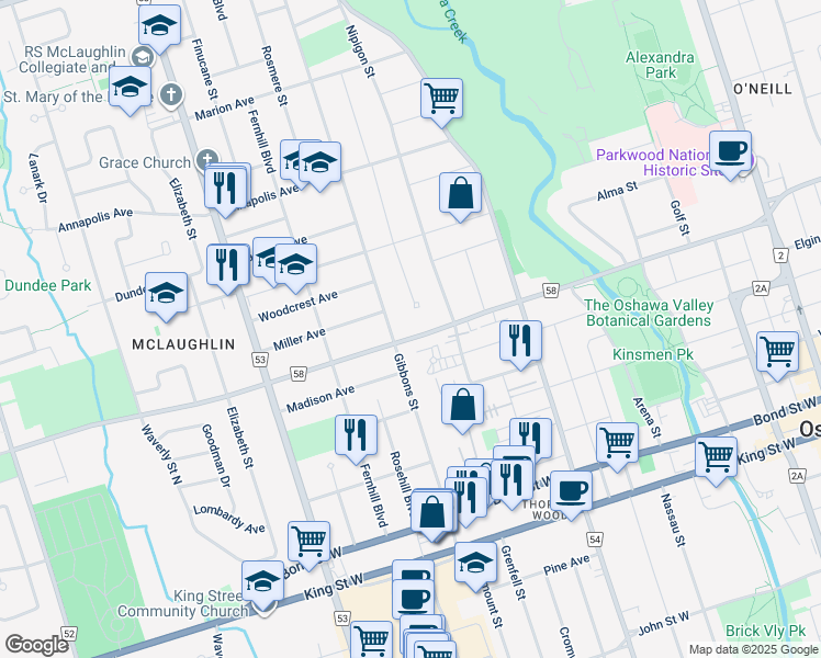 map of restaurants, bars, coffee shops, grocery stores, and more near 378 Adelaide Avenue West in Oshawa