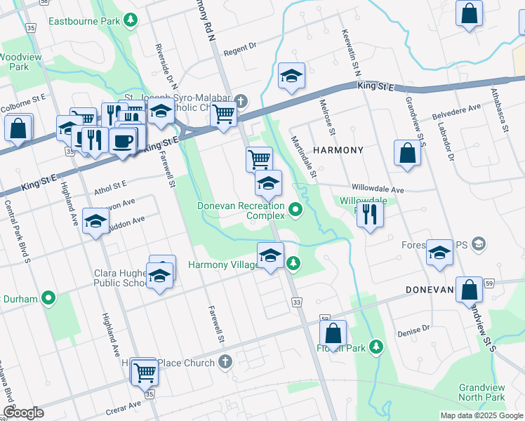 map of restaurants, bars, coffee shops, grocery stores, and more near 146 Harmony Road South in Oshawa
