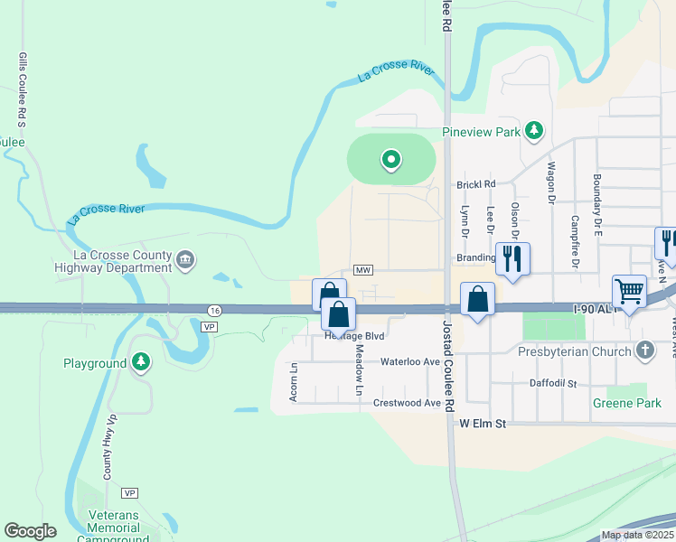map of restaurants, bars, coffee shops, grocery stores, and more near County Road MW in La Crosse County