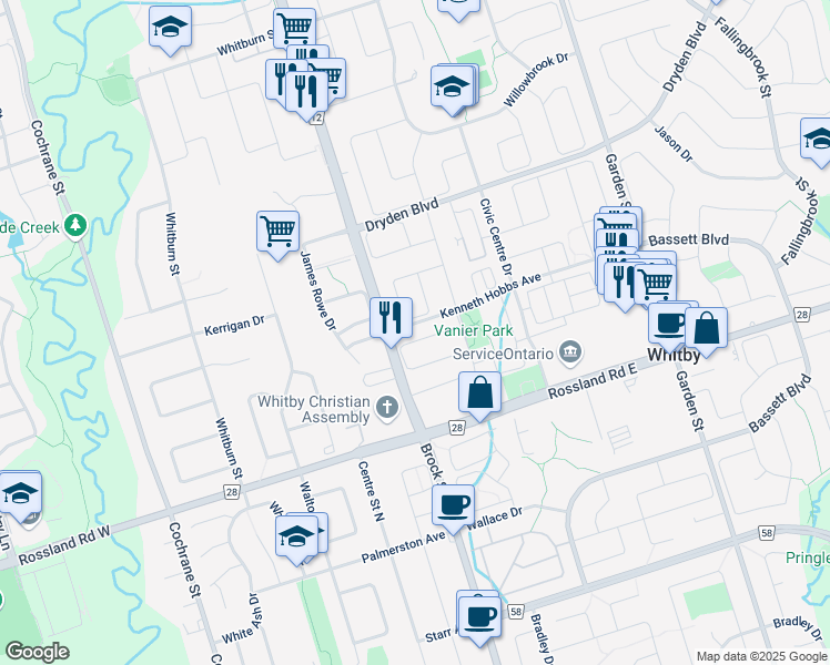 map of restaurants, bars, coffee shops, grocery stores, and more near in Whitby