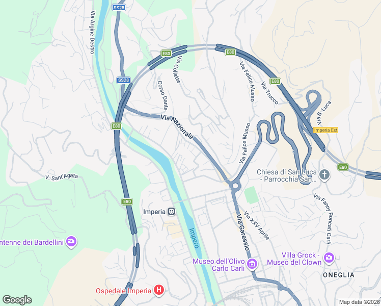 map of restaurants, bars, coffee shops, grocery stores, and more near 16 Via S.Pio da Pietrelcina in Imperia