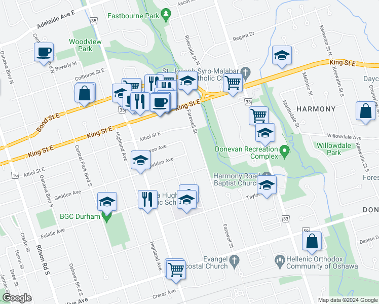 map of restaurants, bars, coffee shops, grocery stores, and more near 101 Guelph Street in Oshawa