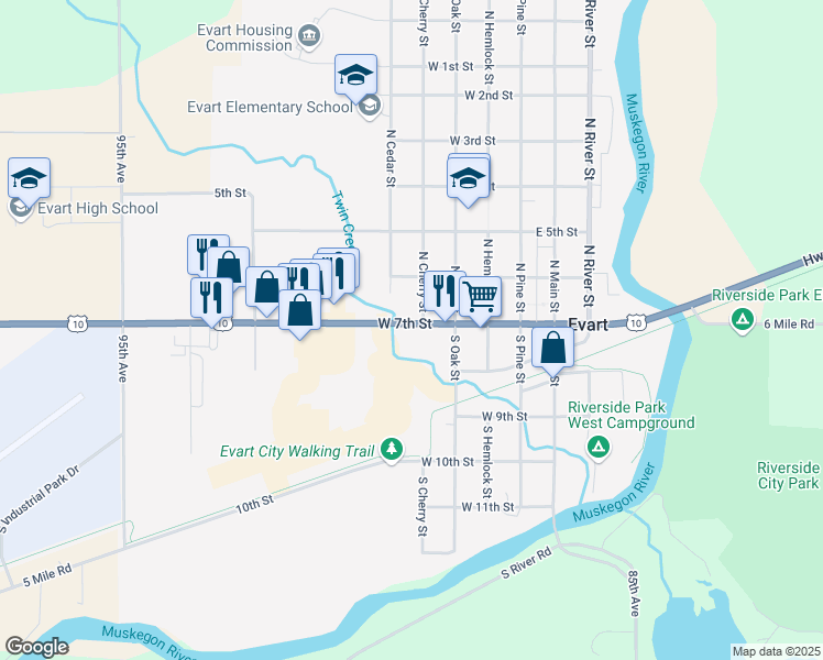 map of restaurants, bars, coffee shops, grocery stores, and more near 510 West 7th Street in Evart