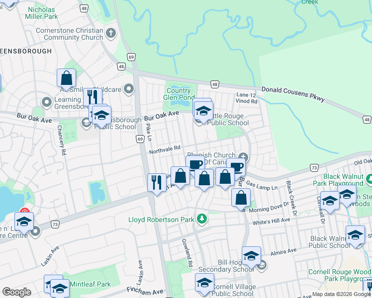 map of restaurants, bars, coffee shops, grocery stores, and more near 51 Northvale Road in Markham