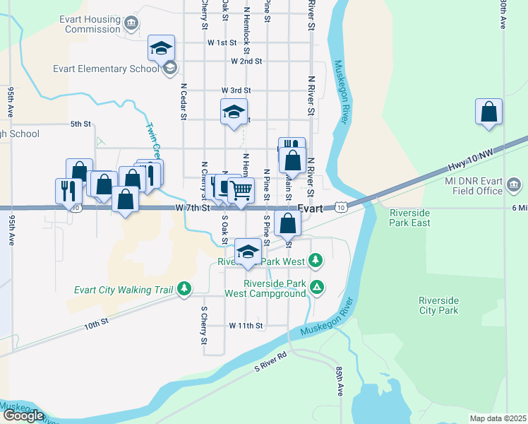 map of restaurants, bars, coffee shops, grocery stores, and more near 201-299 West 7th Street in Evart