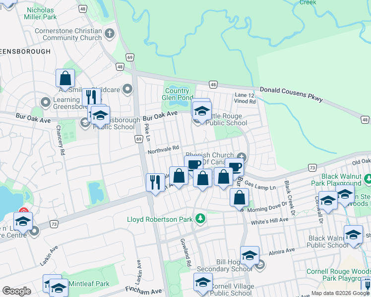 map of restaurants, bars, coffee shops, grocery stores, and more near 53 Northvale Road in Markham