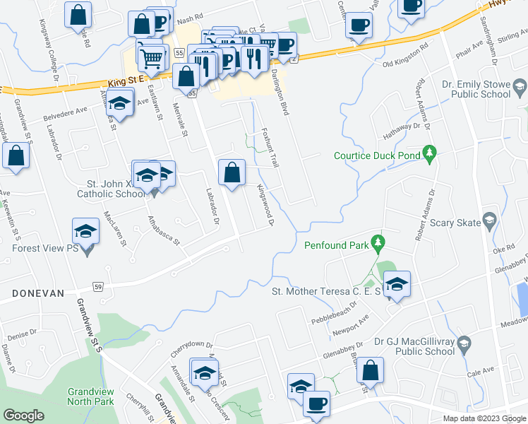 map of restaurants, bars, coffee shops, grocery stores, and more near 38 Kingswood Drive in Courtice