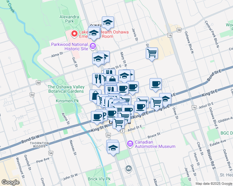 map of restaurants, bars, coffee shops, grocery stores, and more near 20 William Street East in Oshawa