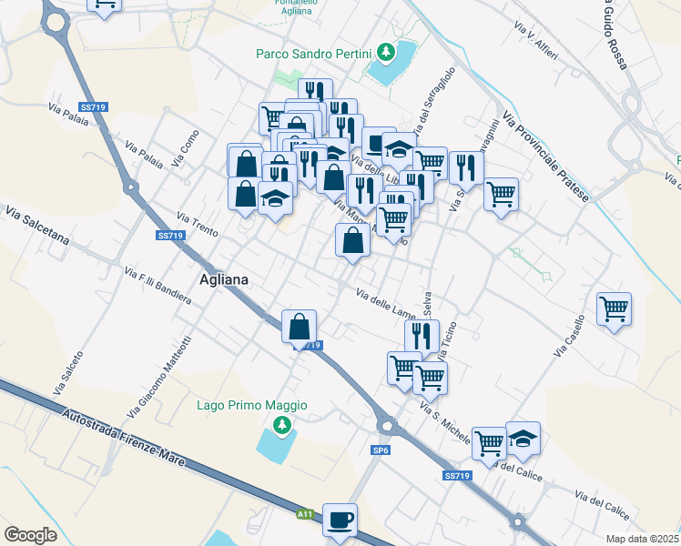 map of restaurants, bars, coffee shops, grocery stores, and more near 92 Via Travetta in Agliana