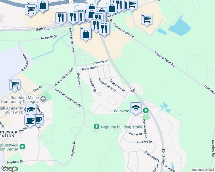 map of restaurants, bars, coffee shops, grocery stores, and more near 36 Guadalcanal Street in Brunswick