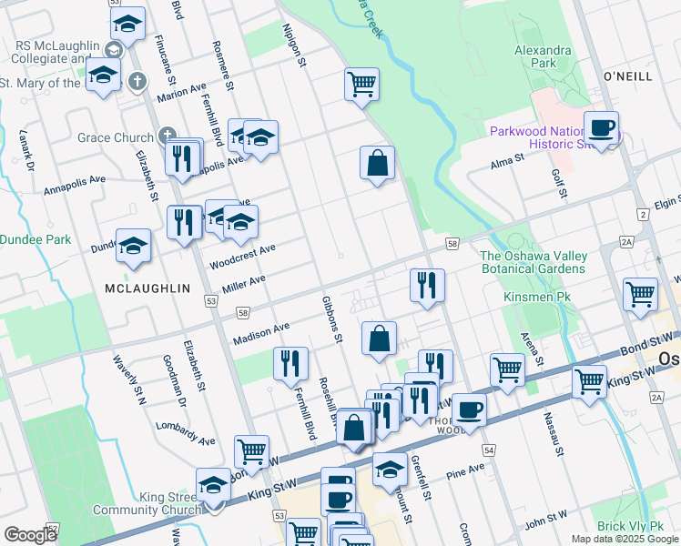 map of restaurants, bars, coffee shops, grocery stores, and more near 378 Adelaide Avenue West in Oshawa