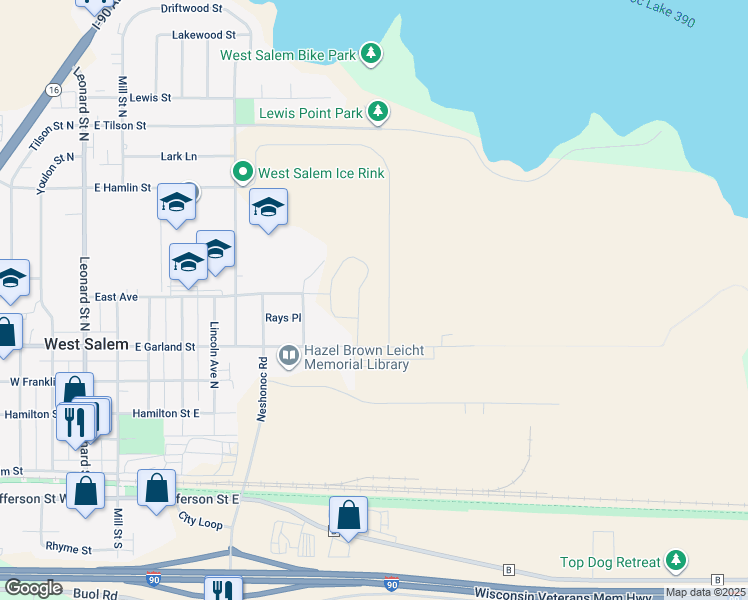 map of restaurants, bars, coffee shops, grocery stores, and more near 902 Garland Street East in West Salem