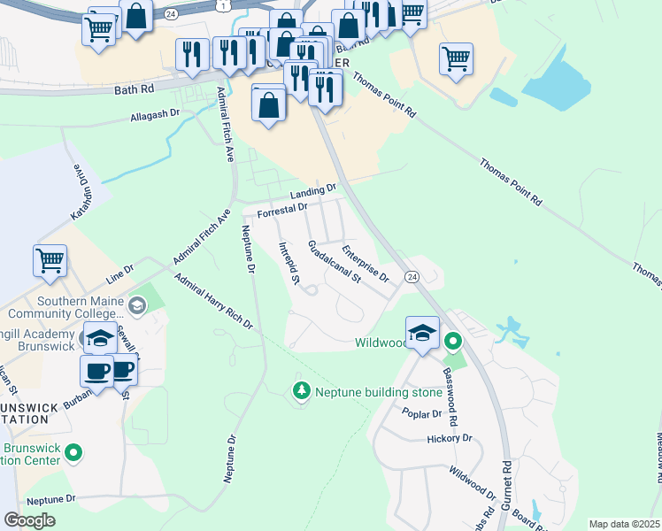 map of restaurants, bars, coffee shops, grocery stores, and more near 36 Guadalcanal Street in Brunswick