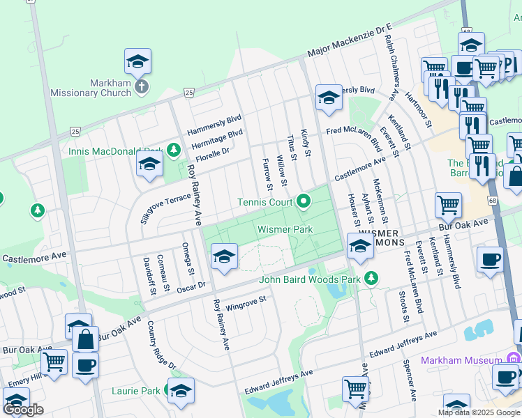map of restaurants, bars, coffee shops, grocery stores, and more near Castlemore Avenue in Markham