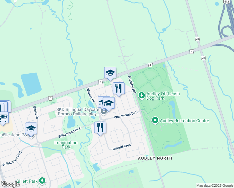 map of restaurants, bars, coffee shops, grocery stores, and more near in Ajax