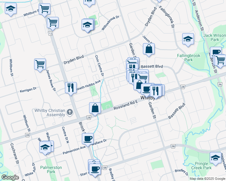 map of restaurants, bars, coffee shops, grocery stores, and more near 16 Coffee Tree Court in Whitby