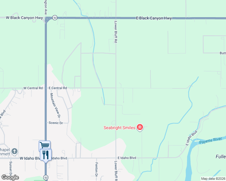 map of restaurants, bars, coffee shops, grocery stores, and more near 2603 Lower Bluff Road in Emmett