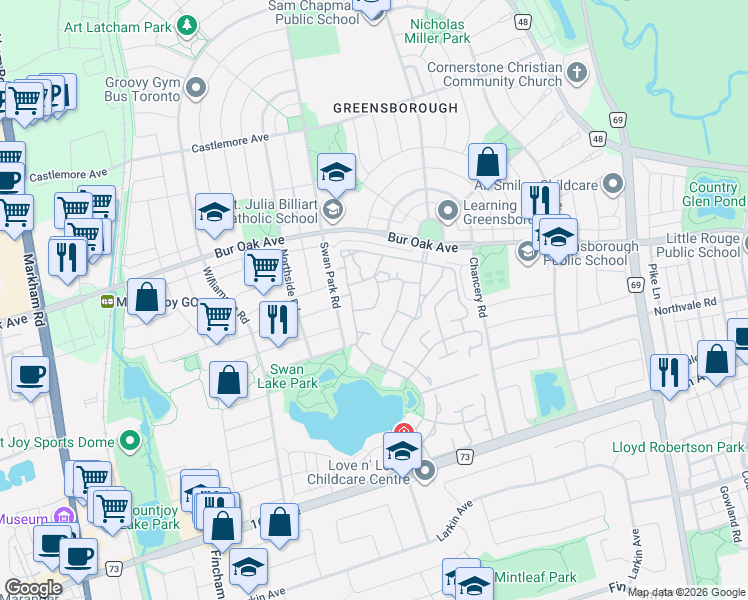 map of restaurants, bars, coffee shops, grocery stores, and more near 22 Wave Hill Way in Markham