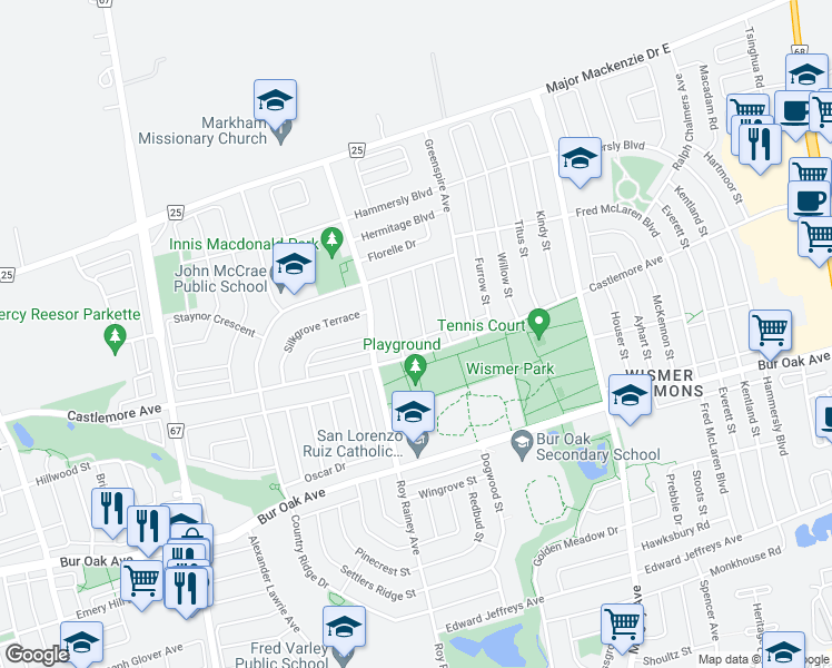 map of restaurants, bars, coffee shops, grocery stores, and more near 6 Hyacinth Street in Markham