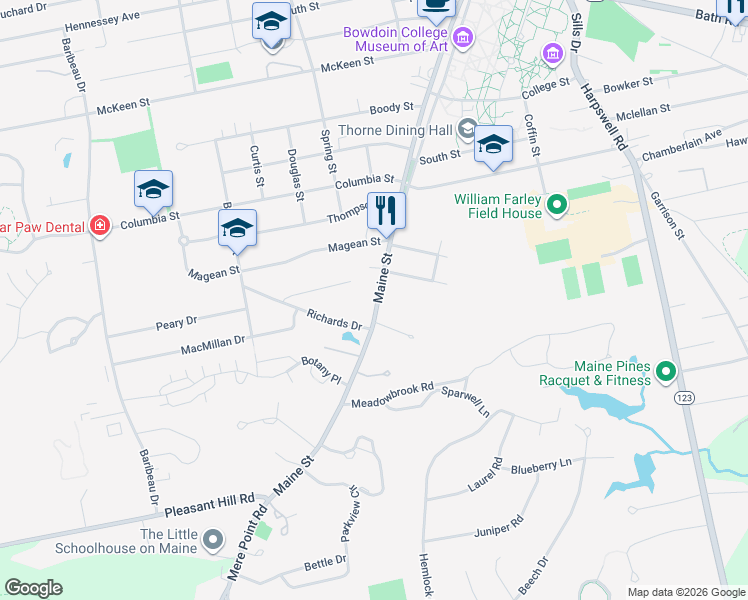 map of restaurants, bars, coffee shops, grocery stores, and more near 303 Maine Street in Brunswick